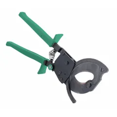 Ratcheting cable cutter with steel handle and center cut action. Cuts aluminum electric cable up to 1000 kcmil maximum diameter. Suitable for cutting communication cable up to 1-3/4 in diameter. Used in electrical and data cable installation and maintenance.