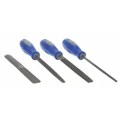 Set includes a 6 in flat double end file, a 6 in round file, and a 6 in triangular file, plus a handle and pouch. Suitable for deburring, shaping, and smoothing metal, wood, and plastic in maintenance and fabrication tasks.