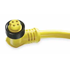 Single-ended cordset with yellow PVC jacket for flexing applications. Features 4 pins, 16 AWG wire, 12 ft cable length, and a 7/8-16 female right-angle connector on one end with bare wire on the other. Rated IP67 and NEMA 6P for protection against moisture and dust in industrial environments.