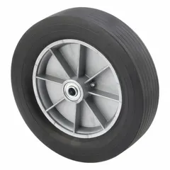 Flat-free solid rubber wheel with 12 in diameter and 3 in width. Supports 600 lb load capacity. Hub length is 3 1/4 in. Suitable for industrial carts, dollies, and light-duty material handling equipment in warehouses and workshops.
