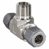 This PARKER compression tee fitting is made of stainless steel and features a single-ferrule design for leak-free connections in tubing systems. It has three 1/2 in OD tube ends and is compatible with CPI™ fitting brands. Commonly used in instrumentation, hydraulic, and pneumatic circuits to branch or join tubing
