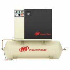 Horizontal rotary screw air compressor with 10 hp motor, 36.1 cfm capacity, and 120 gal tank. Operates on 460 V, three-phase power. Suitable for continuous-duty compressed air supply in industrial settings such as manufacturing plants, automation systems, and pneumatic tool operation.