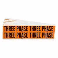 Self-stick vinyl markers with 'Three Phase' legend, Label Style B. Each marker measures 4 1/8 in wide by 1 1/8 in tall. Sold in a 5-pack. Used for identifying three-phase electrical conduits and voltage systems in industrial facilities