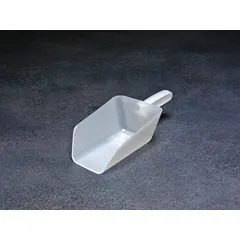 White polypropylene scoop with a 52 oz capacity, 5 in handle length, and 3 1/4 in overall height. Suitable for transferring dry ingredients or granular materials in commercial kitchens, food processing, or industrial settings.