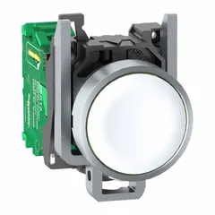 Momentary wireless transmitter with white operator, metal bezel and housing. Panel-mount 22 mm size. For industrial control applications requiring wireless signal transmission, such as remote machine control and factory automation.