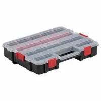 This black plastic tool box is designed for use with van shelving systems. It includes dividers to organize small parts, fasteners, and components. Overall dimensions are 11 19/32 inches in length and 14 inches in width