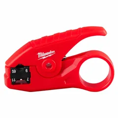 Manual strip tool for coaxial cables. Strips RG-11, RG-59, RG-6, RG-6Q, and RG-7 designations. 1/4 in strip capacity. Overall length 3 3/4 in. Used by telecom and low-voltage installers for preparing cable ends.