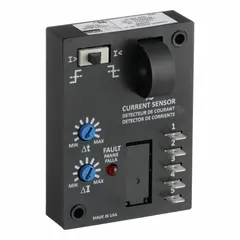 Surface-mounted relay for undercurrent monitoring with adjustable trip point from 5 to 50 A, set via switch. Rated 10 A at 240V AC, features LED status indicator and quick-connect tabs. Used to detect current drops in motors, pumps, and conveyors to prevent damage from load loss or belt breakage.