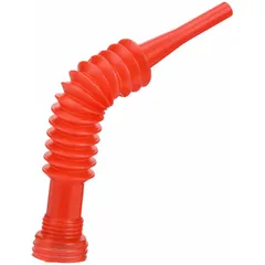 This spout funnel is made of red polyethylene with a 3.5 fl oz fluid capacity and 1 1/2 in overall diameter. It is used for transferring fluids such as filling reservoirs, fuel tanks, or chemical containers, and its flexible design allows access to tight spaces.