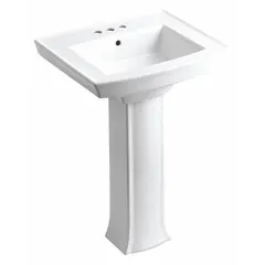 This KOHLER pedestal bathroom sink is made of vitreous china in a white finish. It has a rectangular basin and measures 24 inches in overall length and 35-1/4 inches in overall height. The sink is designed for use in residential or commercial restrooms as a hand-washing station and does not include a faucet.