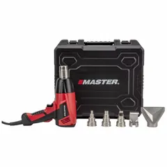 Standard pistol-grip heat gun operating on 120V AC, 13 A, with a two-prong plug and LCD display. Includes spreader, shrink tubing, specialty connector, reducer, and pinpoint reducer attachments, plus a storage case. Used for heat-shrink tubing, plastic welding, and paint stripping.