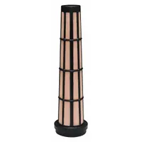 Engine air filter with conical, axial seal design. Overall height 10 1/4 inches. Used in heavy-duty fleet applications such as buses to remove airborne contaminants from engine intake air