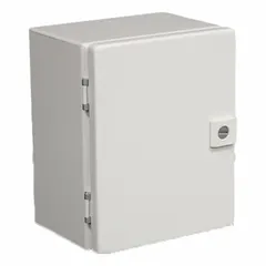 This RITTAL steel enclosure measures 5 x 3 x 3 inches and is rated NEMA 4 for protection against water spray and dust. It features a solid hinged cover secured by a 1/4-turn latch. Knockouts are not included. Typical applications include washdown environments and outdoor installations requiring a watertight seal.