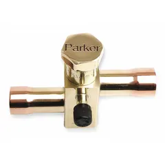 This sweat connection service valve from Parker is designed for isolating refrigerant flow in HVAC and refrigeration systems. It features a 7/8 in copper sweat connection, rated for maximum 750 psi and temperatures from -40°F to 250°F. The valve includes a 1/4"-20 UNC bottom mounting thread for secure installation.
