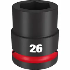 This 3/4" drive impact socket is designed for use with impact wrenches in heavy-duty fastening and loosening of 26 mm metric hex fasteners. It features a 6-point configuration and a black phosphate finish. Common applications include automotive repair, construction, and industrial maintenance.