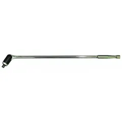 Flex-head breaker bar with 1/2-inch drive and 24-inch length for loosening or tightening stubborn fasteners. Constructed from alloy steel with a chrome finish and smooth grip handle. Flex-head design allows angled operation in confined spaces, providing extra leverage for heavy-duty tasks.