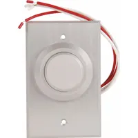 Push-to-exit button for access control and security systems, used to release doors from inside for safe egress. Gray finish with silver and silver-aluminum accents. Dimensions: 4 1/2 in height, 2 7/8 in width, 1 5/8 in depth