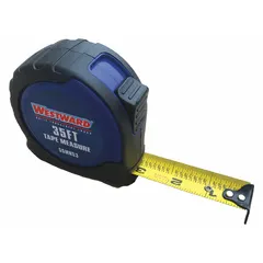 This 35 ft fractional-read tape measure features SAE markings in feet and 1/16 in increments. It has a nonmagnetic single hook tip, manual lock, and a 7 ft standout. The black plastic case includes a rubberized grip for handling. Suitable for measuring distances in construction, carpentry, and general contracting.