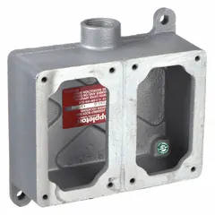 This 2-gang hazardous location electrical box is constructed of iron with a dead-end hub type. It features a 3/4-inch hub size and an overall height of 6 1/8 inches. Designed for use in environments where flammable gases, vapors, or dust may be present, it houses and protects electrical connections in industrial settings.