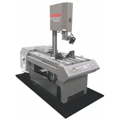 Semi-automatic vertical metal-cutting band saw with 18-inch throat depth. Blade speeds from 50 to 450 SFPM. Head tilts 45° left to 45° right. Powered by a 3.5 A, 3-phase motor. Suitable for cutting metal stock, pipes, and structural shapes in fabrication and maintenance operations.