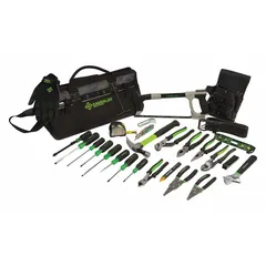 This 26-piece tool set includes a voltage detector, adjustable wrench, specialty pliers, knife, and nine hex keys in SAE sizing. Supplied in a tool bag, it is suited for electrical installation, maintenance, and repair tasks in residential, commercial, and industrial settings.