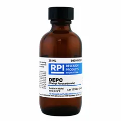 RPI DEPC (Diethyl Pyrocarbonate) is a lab-grade liquid protease inhibitor supplied in a 25 mL glass container. Used in molecular biology to inactivate RNases and maintain nuclease-free conditions during RNA extraction, handling, and enzyme assays.