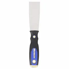Standard scraper with a stiff carbon steel blade for applying and smoothing putty, filler, or spackle. Plastic/rubber/steel handle with rubberized grip and hammer end. Overall length: 9 inches.