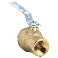 This 1-inch brass ball valve features a straight body with full port design for minimal pressure drop. Connections are FNPT x FNPT, and the locking lever handle provides secure operation. Suitable for on/off or flow control in commercial and light industrial piping systems handling water, oil, or gas.