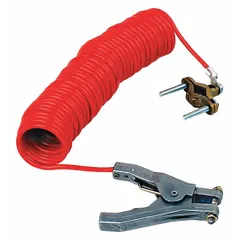 Grounding clamp with 1/8-inch jaw opening and 20-foot cable length. Designed for use with Guardair brand pneumatic tools and material handling equipment. Provides a conductive path to ground to dissipate static electricity during transfer of flammable materials or in dust collection operations.