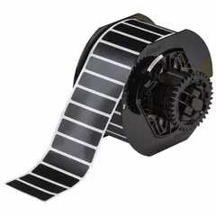 Thermal transfer precut label roll with rubber permanent adhesive. Each label measures 1/2 in x 2 in. Supplied in rolls of 1,900 labels. Compatible with BBP33, i3300, and i5300 printer series. Used for industrial identification and tracking, such as asset labeling, cable marking, and component identification in manufacturing and maintenance environments.