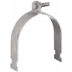 This conduit strap clamp is made of 316 stainless steel with a polished silver finish. It secures 4-inch trade size conduit to 1-5/8 inch strut channels using a 3/8 in-16 thread. Typical applications include supporting conduit runs in industrial environments where corrosion resistance is required.
