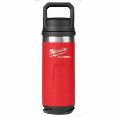 Insulated stainless steel water bottle with 18 oz capacity. Red metal finish. Overall height 10 3/8 in, diameter 3 1/16 in. Suitable for keeping beverages hot or cold during work shifts in industrial environments.