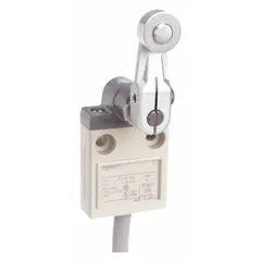 The OMRON D4C1620 is a roller lever-arm limit switch from the D4C series, featuring a 25 mm mounting hole with a vertical center-to-center distance of 38°. It is equipped with a 9.8 ft cable (SJT(O)) for electrical connection. This switch is used to detect the presence or position of moving machinery parts in industrial automation, such as on conveyor systems, packaging equipment, and machine tools.