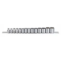 This 14-piece metric socket set features 12-point sockets ranging from 6 mm to 19 mm with a 3/8 in drive. The tether-ready design allows for attachment of a lanyard to prevent drops when working at height or in confined spaces. Suitable for tightening and loosening metric fasteners in general mechanical tasks.