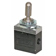This automotive toggle switch features an open/close function with a silver actuator and stem. It has two connections and is suited for controlling pumps, valves, or tailgate cylinders on vehicle-mounted equipment.