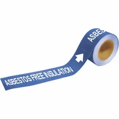 Blue adhesive pipe marker on a roll with blue legend reading 'Asbestos Free Insulation' and directional arrows. Fits pipe outer diameters of 1-1/2 to 2 inches. Each roll contains 25 markers. Used for identifying pipes carrying asbestos-free insulation in industrial facilities.