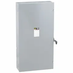 The SQUARE D D325N is a 400 A, three-phase fusible safety switch rated for 240V AC. Housed in a galvanized steel enclosure for indoor use, it serves as a disconnecting means for electrical circuits in commercial and industrial settings, enabling safe maintenance and emergency shutdown.