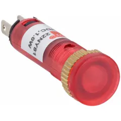 This LED indicator pilot light features a flush head design and a 5/16-inch panel mounting hole diameter, suitable for low-profile installations on control panels and machinery. Electrical connection is via a 0.11-inch male quick disconnect terminal.