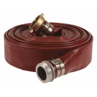 This PVC water discharge hose assembly features synthetic fabric reinforcement for strength. It has a 1 1/2 in inside diameter, 50 ft length, and is rated for 150 psi. The red hose operates in a temperature range of 5° to 150°F and comes with MNPSM x FNPSM connections. Typical applications include dewatering, irrigation, and general water transfer in industrial, construction, and agricultural settings