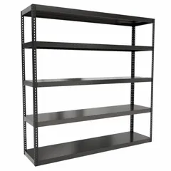 This extra-heavy-duty boltless shelving unit features solid steel decking and an angle beam profile. It has a powder-coated black finish, open side panels, and a maximum post load capacity of 6,000 lb with beams evenly spaced at 21 in. Overall height is 96 in, depth 24 in. Suitable for industrial storage of pallets, bulk materials, and large equipment.
