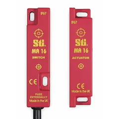 This OMRON MA Series safety interlock switch features 2NC contacts and a pre-cabled termination with a 9.84 ft cable. It is designed for non-contact monitoring of movable guards on industrial machinery, such as packaging lines, robotic cells, and conveyor systems, where reliable guard position detection is required.