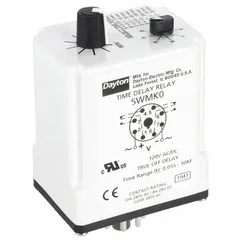 Socket-mounted single function time delay relay rated 8 A at 120V AC/DC with 8 pins/terminals. Used in industrial control panels for timing applications such as motor start sequencing, conveyor timing, and HVAC system staging.