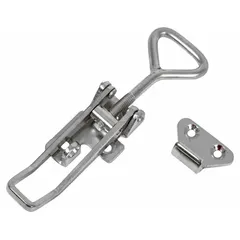 This stainless steel draw latch in silver finish is designed for securing truck boxes. It has an overall height of 1 inch and overall width of 1 9/16 inches. Compatible with manufacturer model number 1705384. Used to provide a secure closure for storage compartments on vehicles.