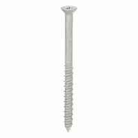 Flat-head concrete screw anchor with 1/4 in diameter and 3 1/4 in overall length. Made of 410-grade stainless steel with Phillips drive. Removable design for fastening into concrete, brick, or block. Supplied in a 100-pack