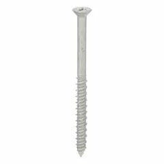 Flat-head concrete screw anchor with 1/4 in diameter and 3 1/4 in overall length. Made of 410-grade stainless steel with Phillips drive. Removable design for fastening into concrete, brick, or block. Supplied in a 100-pack.