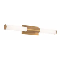 Wall-mounted integrated LED vanity light delivering 2,900–3,800 lumens at 3000K. Dimmable, 35W, 120V AC. Satin brass finish, 36 1/8 in length. Suitable for bathrooms, dressing areas, and commercial vanity spaces.