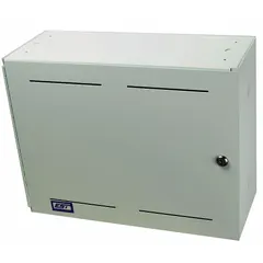 Surface-mount enclosure for housing backup batteries in fire alarm systems. Body height 14 in, depth 7 1/4 in. Provides protection for batteries in commercial and industrial settings.