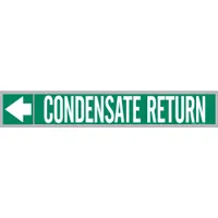 Green adhesive pipe markers with white legend reading 'Condensate Return' and directional arrows. Each roll contains 25 markers designed for pipe outer diameters of 1-1/2 to 2 inches. Used to identify condensate return lines in steam and HVAC piping systems