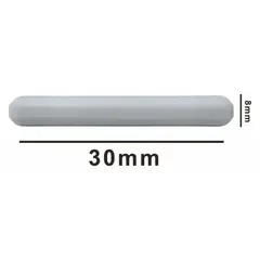 Octagonal stir bar made of Alnico, 30 mm long and 8 mm in diameter. White in color and autoclavable for sterile lab environments. Used for mixing liquids in laboratory beakers and flasks.