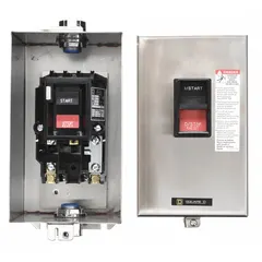 Enclosed non-reversing manual motor starter with thermal overload protection. Rated 27 A, 2 poles, 600V AC maximum, NEMA Size M-1. Requires one thermal unit (not included). Suitable for starting and stopping motors in applications such as conveyors, pumps, and fans.